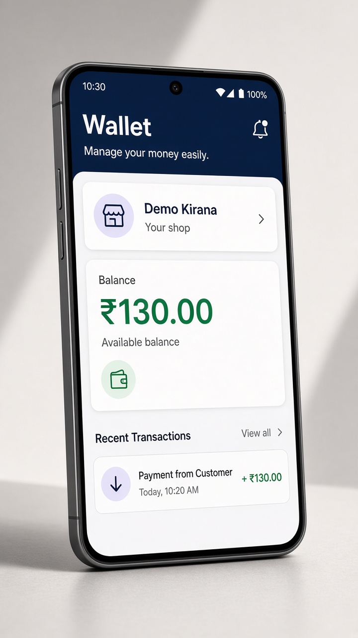 Wallet on a phone, showing a shop balance of 130 rupees