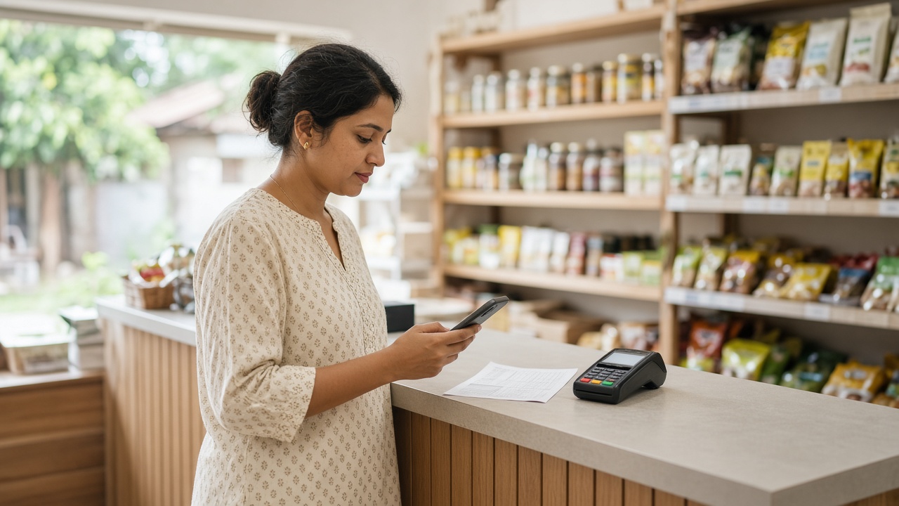 A customer at a grocery counter checking Wallet on her phone